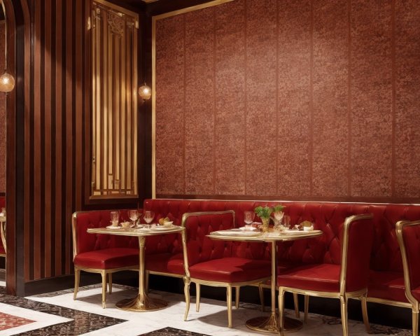 Elegant Restaurant Interior with Red Seating and Gold Accents