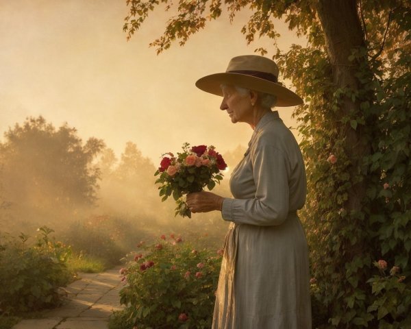 Elderly Woman in Grey Dress Surrounded by Flowers