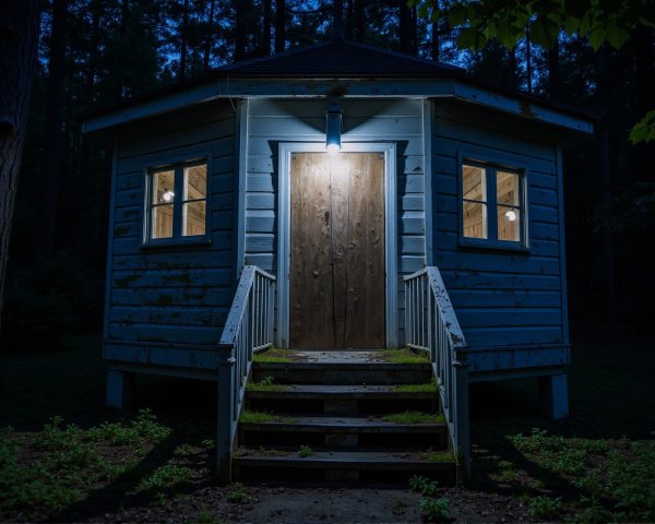 Rustic Cabin in Dimly Lit Forest with Soft Lighting