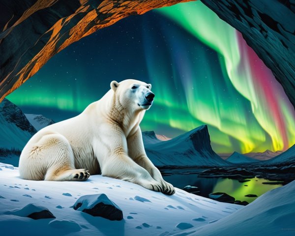 Polar Bear in Cave Under Aurora-lit Night Sky