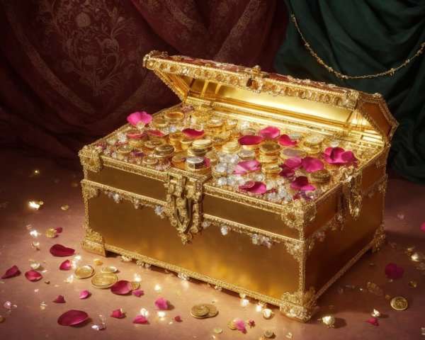 Ornate golden treasure chest with gemstones and coins