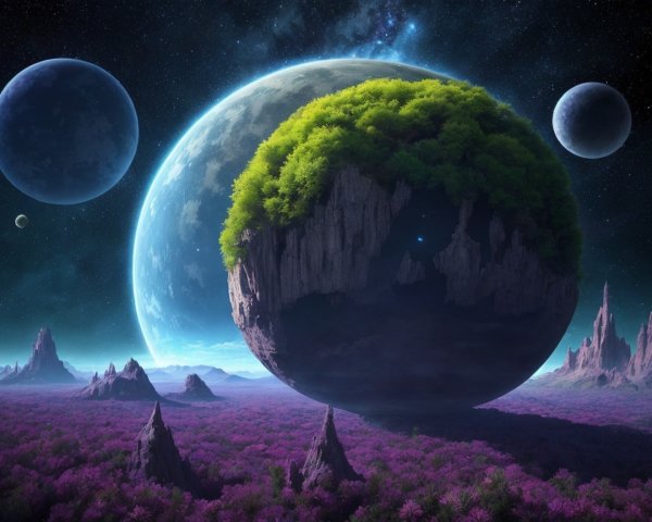 Surreal Landscape with Floating Spherical Island and Moons