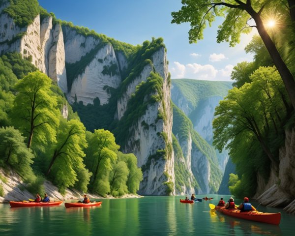 Serene River Flowing Through Lush Cliffs and Trees