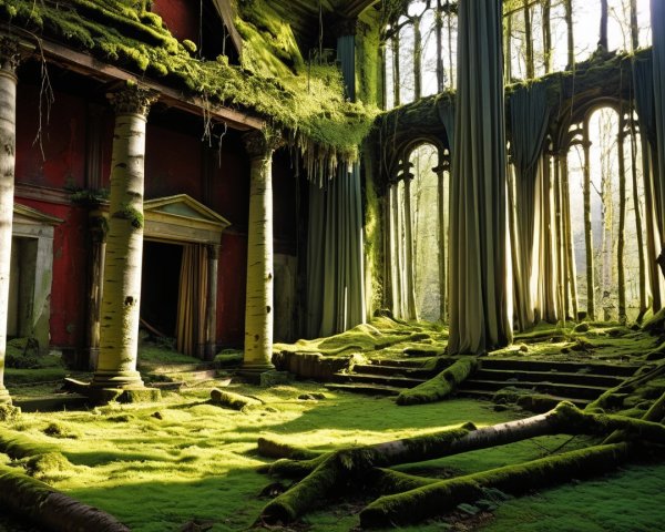 Abandoned hall overtaken by nature with sunlight filtering