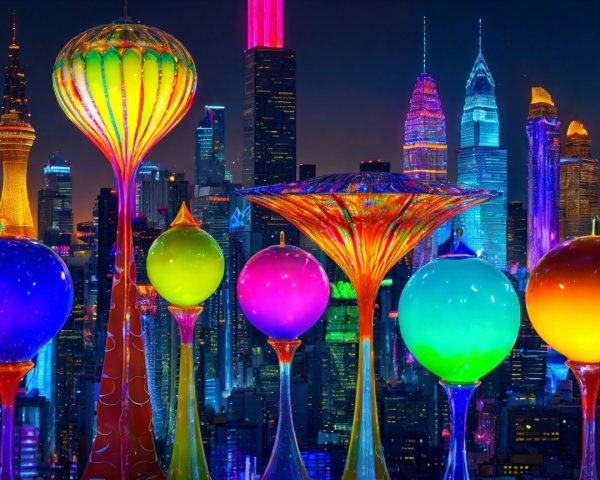Vibrant Nighttime City Skyline with Colorful Towers