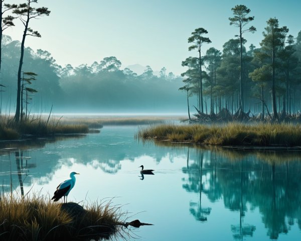 Serene Wetland Landscape at Dawn with Wildlife