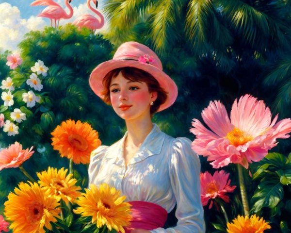 Serene garden scene with vibrant flowers and flamingos