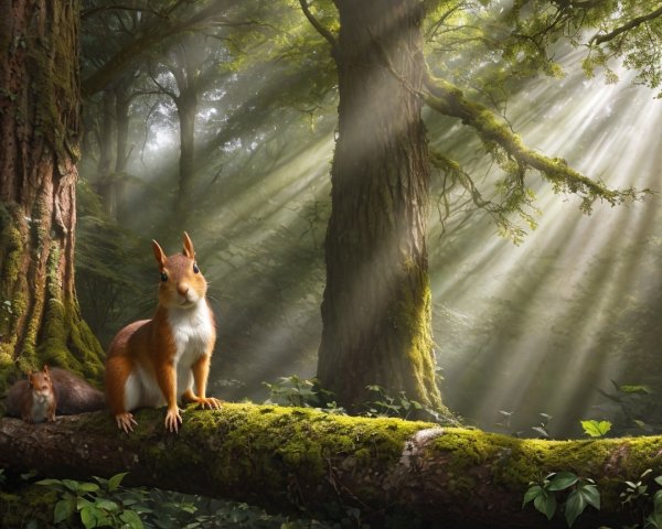 Serene Forest Scene with Squirrels and Sunlight