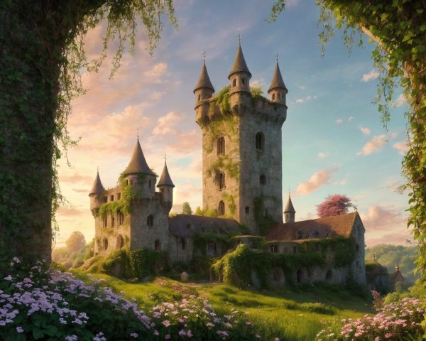 Majestic castle surrounded by lush greenery and flowers