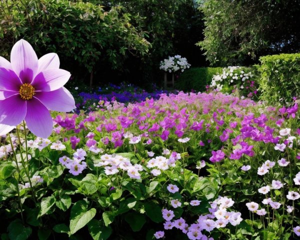 Vibrant Garden with Pink and Purple Flower Blooms