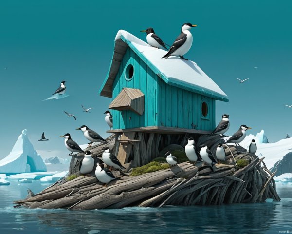 Turquoise Birdhouse on Ice Shelf with Penguins and Icebergs
