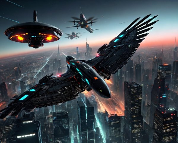 Futuristic Cityscape with Bird-Like Spacecraft at Dusk
