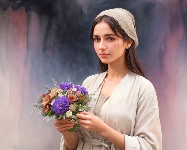 Young Woman with Vibrant Flower Bouquet in Soft Setting