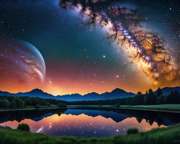 Cosmic Landscape with Jupiter-like Planet and Lake