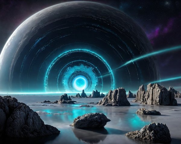 Cosmic Landscape with Ringed Planet and Nebulae