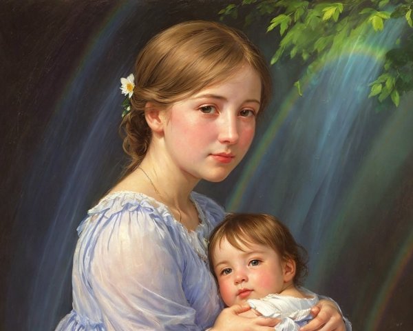 Serene portrait of a woman holding a baby by a waterfall