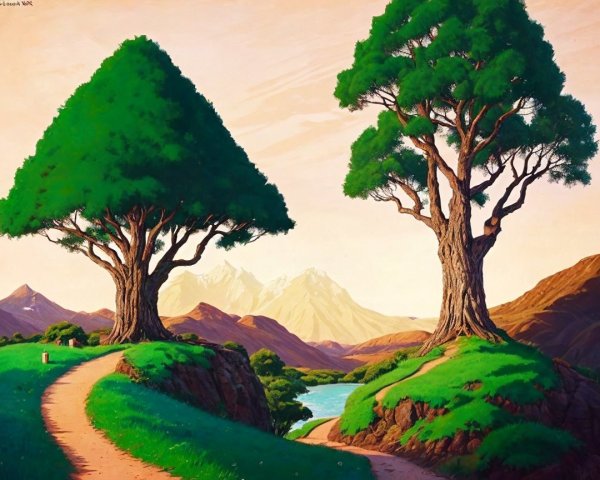 Idyllic landscape with trees, hills, and a river
