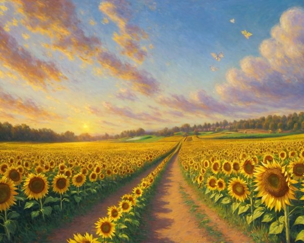 Vibrant Sunflower Field Under Golden Sunset Sky