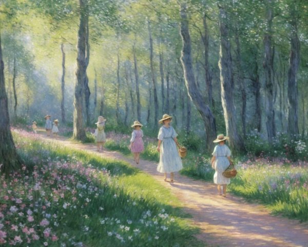 Serene Forest Path with Young Girls and Wildflowers