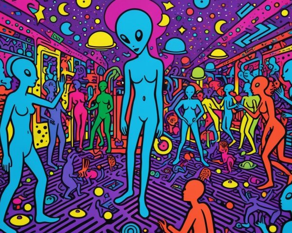 Psychedelic Alien Gathering in a Futuristic Setting