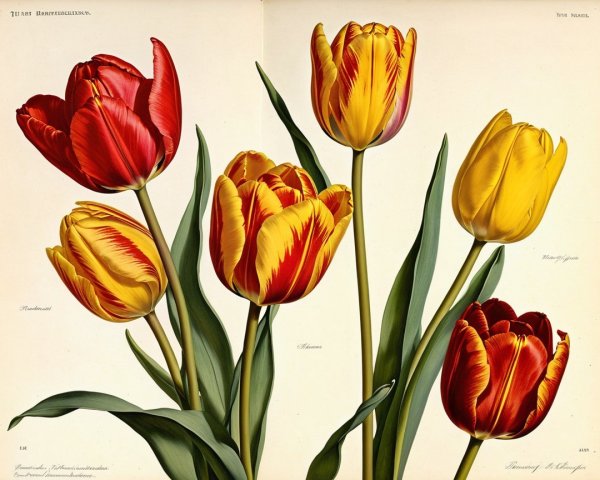 Elegant Botanical Illustration of Six Tulips