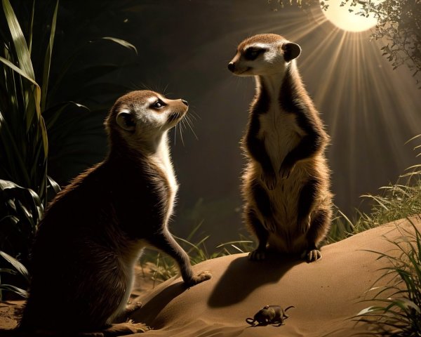 Meerkats in a serene, sunlit natural setting