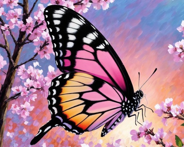 Vibrant Butterfly Amidst Cherry Blossoms and Pastels