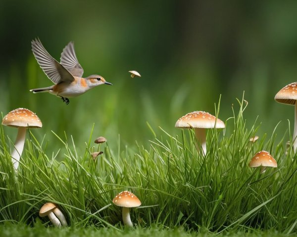Bird in Flight Over Vibrant Mushroom Landscape