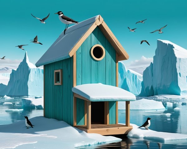 Teal Birdhouse on Snowy Platform with Winter Wildlife