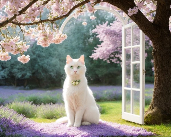 White Cat with Floral Collar in Cherry Blossom Garden