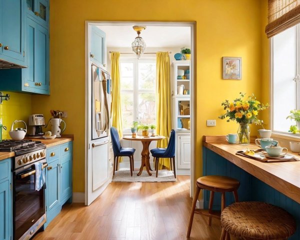 Bright Kitchen with Blue Cabinets and Wooden Countertops