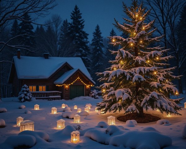 Cozy Log Cabin in a Snowy Winter Wonderland Scene