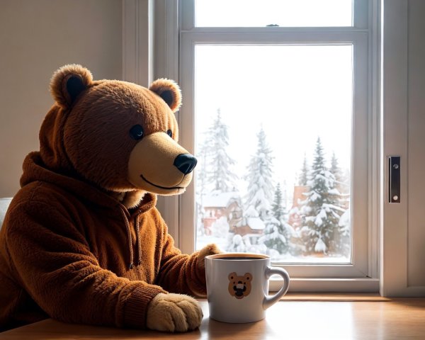 Cozy Bear Mascot in Winter Scene with Snowy Landscape