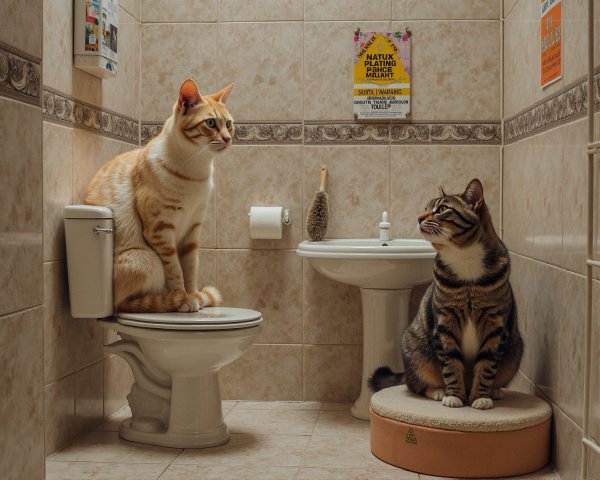 Playful Cats in a Cozy Bathroom Setting