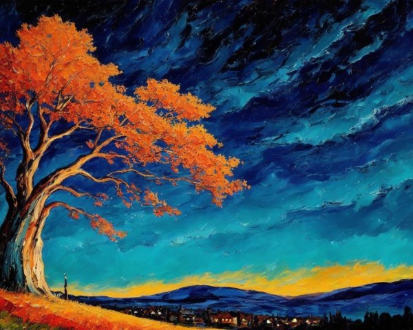 Vibrant Autumn Landscape with Tree and Village Scene