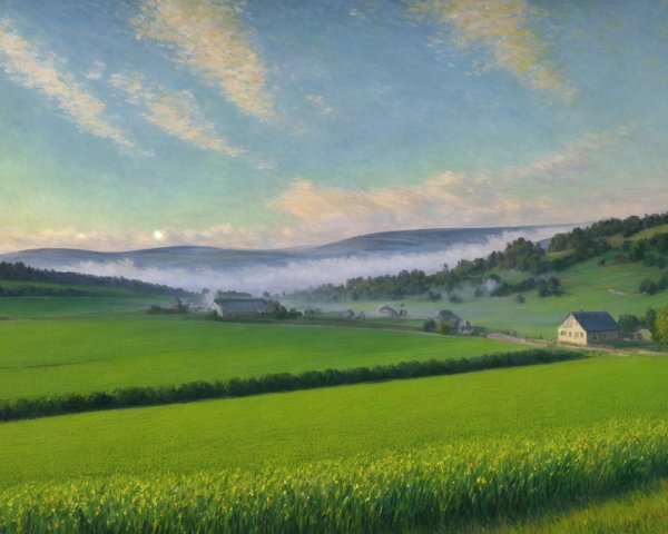 Tranquil Rural Landscape with Green Fields and Hills