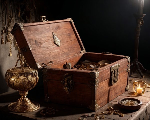 Ornate Wooden Treasure Chest with Golden Artifacts