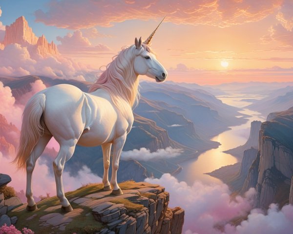 Unicorn on Rocky Outcrop at Sunset Over Landscape