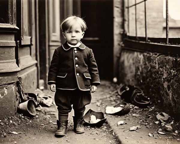 Child in Vintage Suit on Cobblestone Alley Path