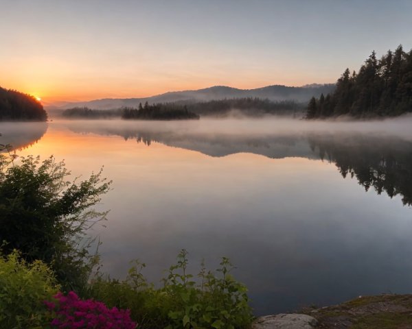 Serene Lake at Sunrise with Mist and Pine Trees