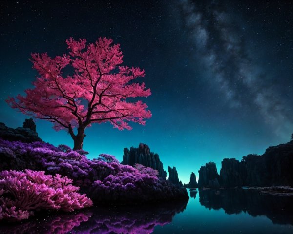 Vibrant Pink Tree Under Starry Sky with Milky Way