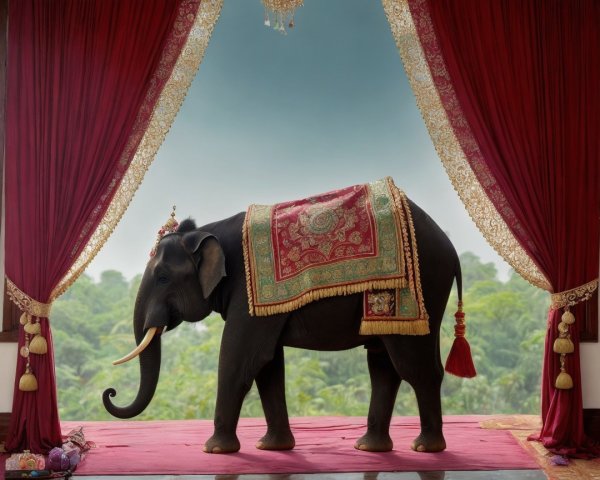 Ornamental elephant on red carpet with lush backdrop
