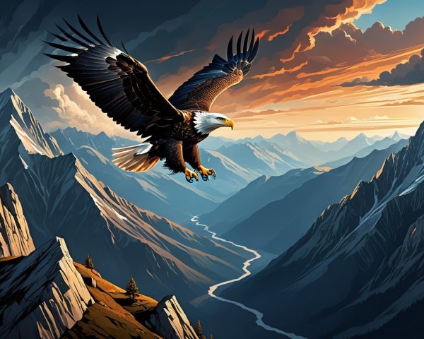 Eagle Soaring Over Mountains at Sunset with River