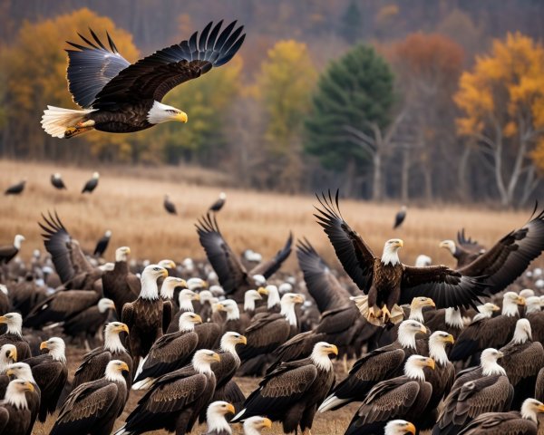 Bald eagles in a grassy field with autumn foliage