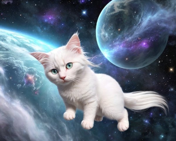 Fluffy White Cat in a Cosmic Galaxy Scene