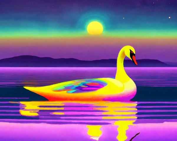 Majestic swan on a colorful serene lake at sunset