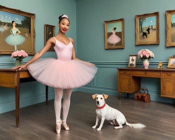 Ballet Dancer in Pink Tutu with Dog in Elegant Room