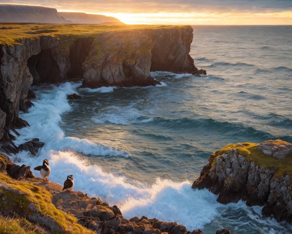 Coastal Sunset with Cliffs, Puffins, and Waves