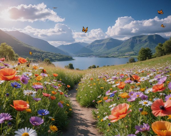 Vibrant Landscape with Wildflowers and Mountains