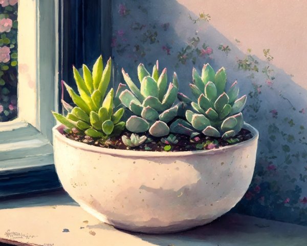 Vibrant Succulents in White Pot on Sunlit Windowsill